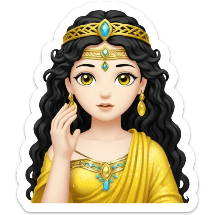 Libera, Goddess of Labyrinth from Roman Deities with long jet black wavy hair, yellow sequin toga  sticker