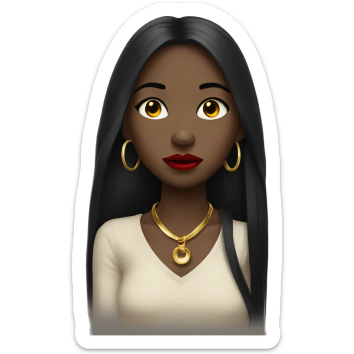 Crying Black girl with long black straight hair and red lipstick with gold hoop earrings and and a gold necklace  sticker