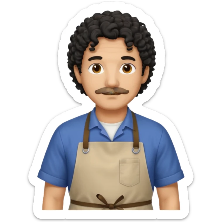 homme 50 ans cheveux frisé noir artiste peintre avec tablier d'art sticker