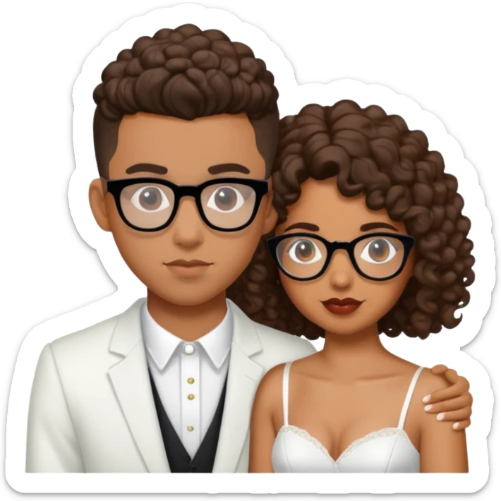 Bad bunny marrying a brown woman with glasses and shoulder length curly hair sticker