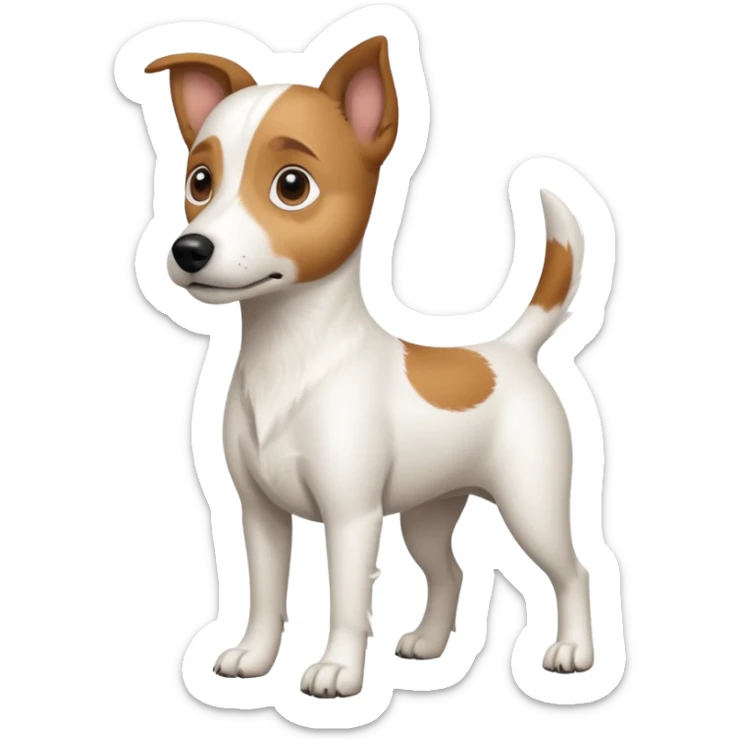 a full body white jack russel looking dog the size of a kelpie with light brown ears and a light brown patch on one eye and a large snout sticker