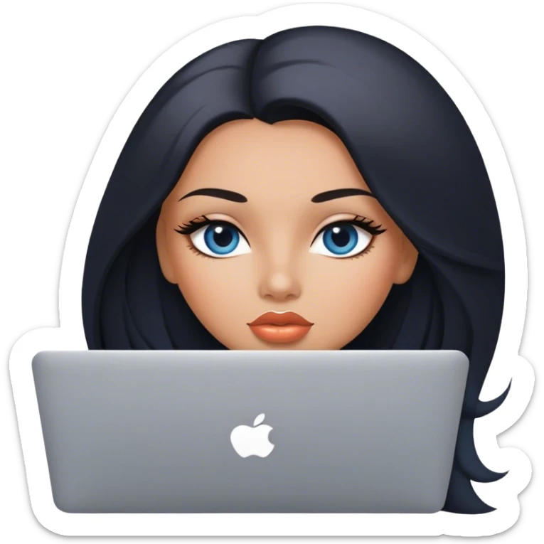 Glamours, tanned, very beautiful girl, with big pump peach lips, black straight smooth silky long hair, straight parting, blue-grey eyes, holding MacBook sticker