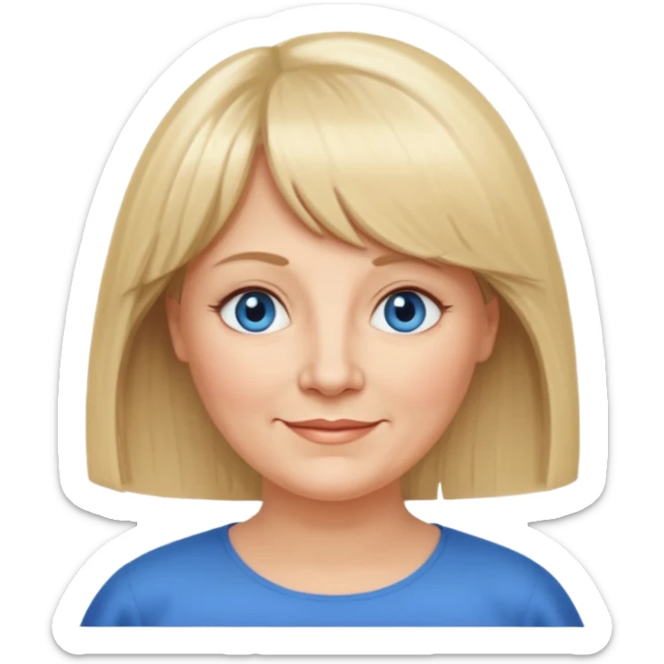 50 yr old white woman, curtain bangs, very long straight blond hair, oval face, small smile, blue eyes, slightly chubby face sticker