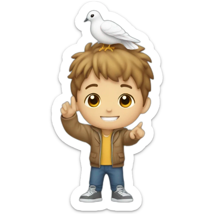 boy with a dove on top of his head and having peace sign hand and only the head of the boy sticker