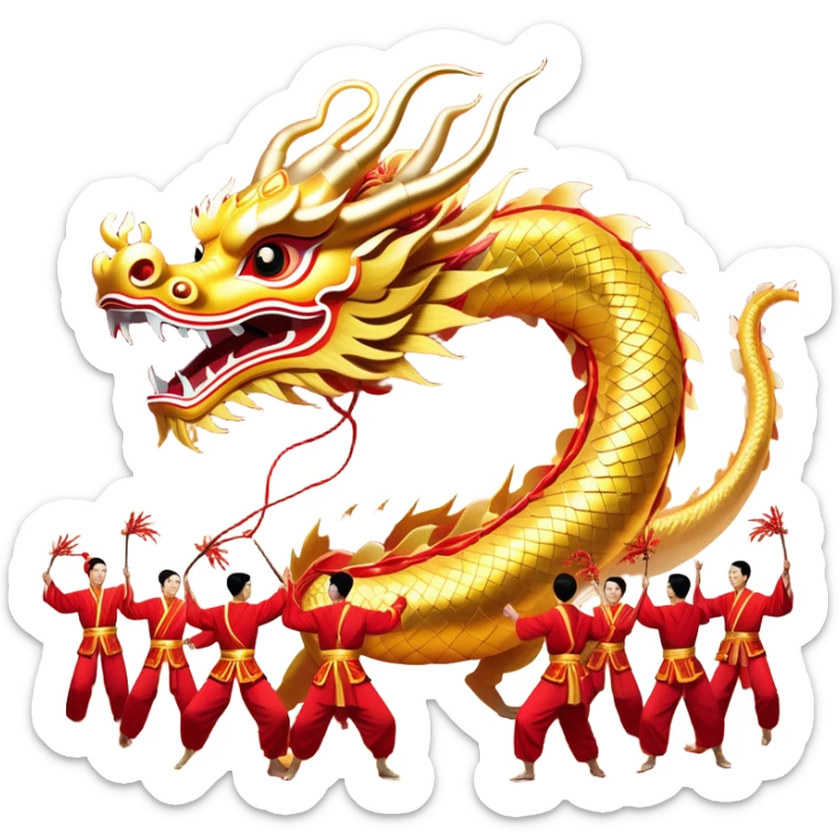 Cinematic Realistic scene of a Chinese Dragon Dance featuring performers energetically holding a vibrant dragon model aloft, with intricately detailed scales and dynamic flowing costumes, illuminated by festive red and gold lighting that captures the spirit of celebration. sticker