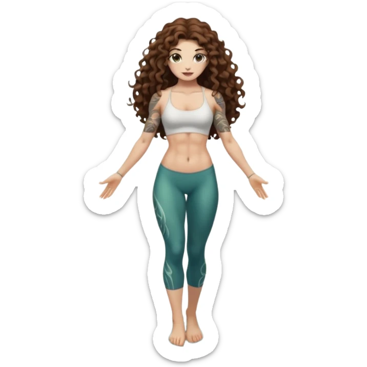 full body woman long curly brown hair brown eyes white skin tattoos muscular build lily pond spirit stance sticker