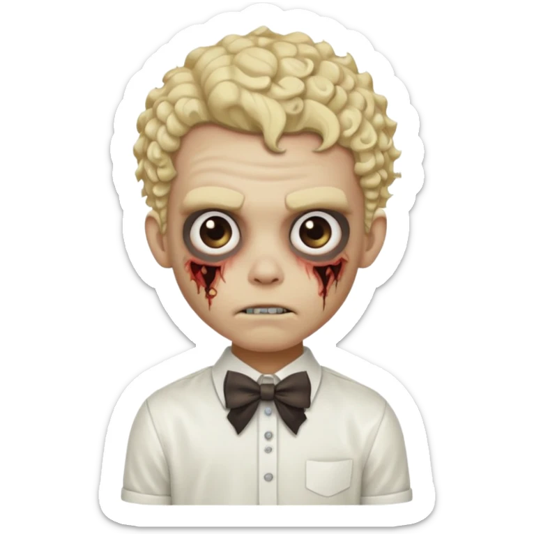 Blonde zombie boy with a white shirt with a bow in his curly hair sticker