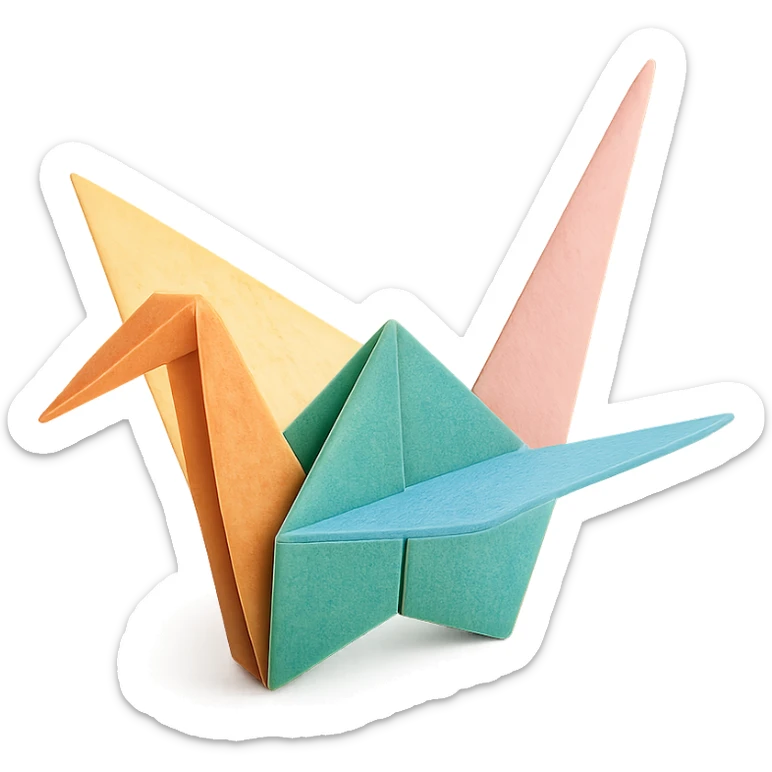 simple and elegant origami crane, paper folds visible, minimal color, clean background sticker