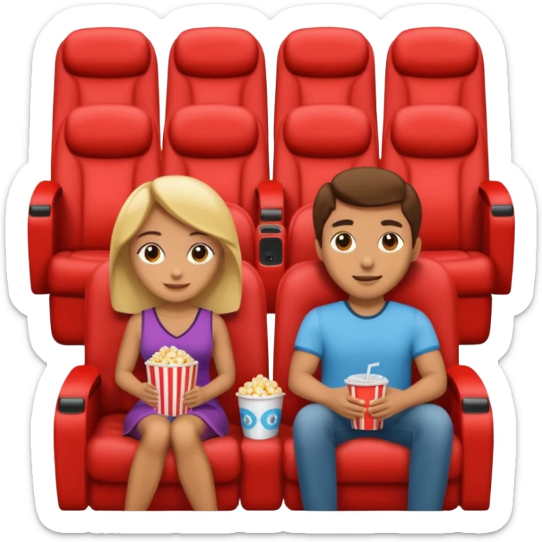 A couple sitting on a sofa inside a movie theater enjoying a film. sticker