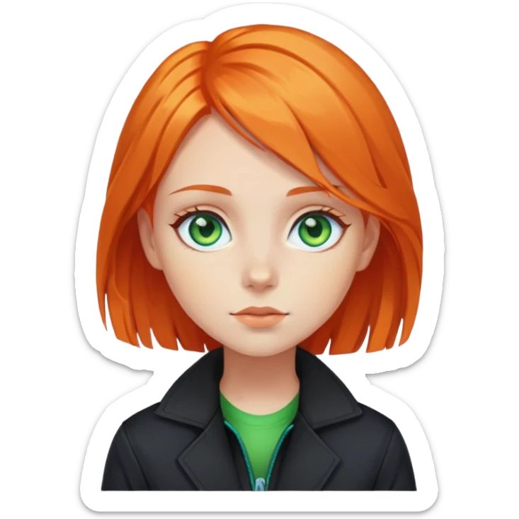 Girl with blue eyes, orange hair with green straights in black jacket  sticker