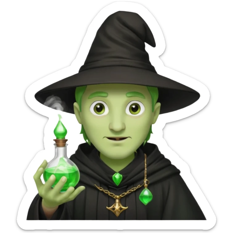 Green-skinned male wizard with a long nose, wearing a black hat and robe, holding a glowing potion bottle sticker