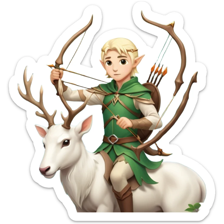 clash-of-clans-aesthetic-blond-male elf-archer-portrait-emoji, rendered in a flat, vector-style with minimal shading and bold holding his bow, simplified shapes, head tilted slightly forward with a determined, focused expression, riding a majestic white stag whose antlers glow with mystical energy, set against an ancient, enchanted forest backdrop. sticker