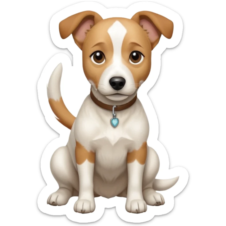 a full body facing front on of a buff white beagle cross jack russell terrier looking dog the size of a kelpie with light brown long ears resting on its face and a light brown patch above one eye and a large snout. the rest of the dog is completely white.  sticker