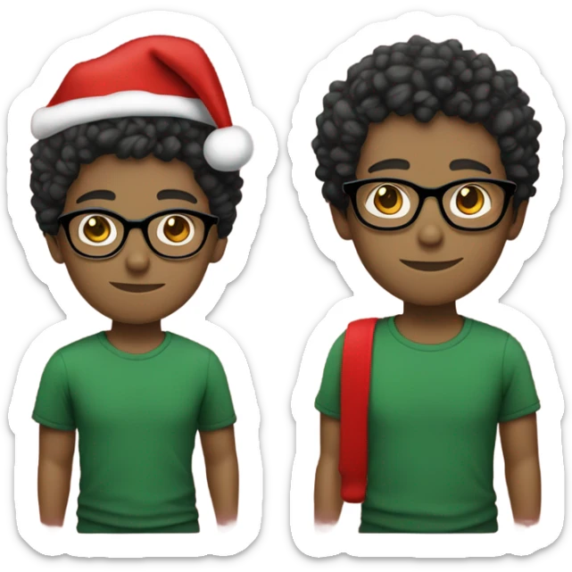 Unisex person ’light skin’ ’short curly dark green hair’ in a ’red Santa hat’ and black tshirt and round glasses  sticker