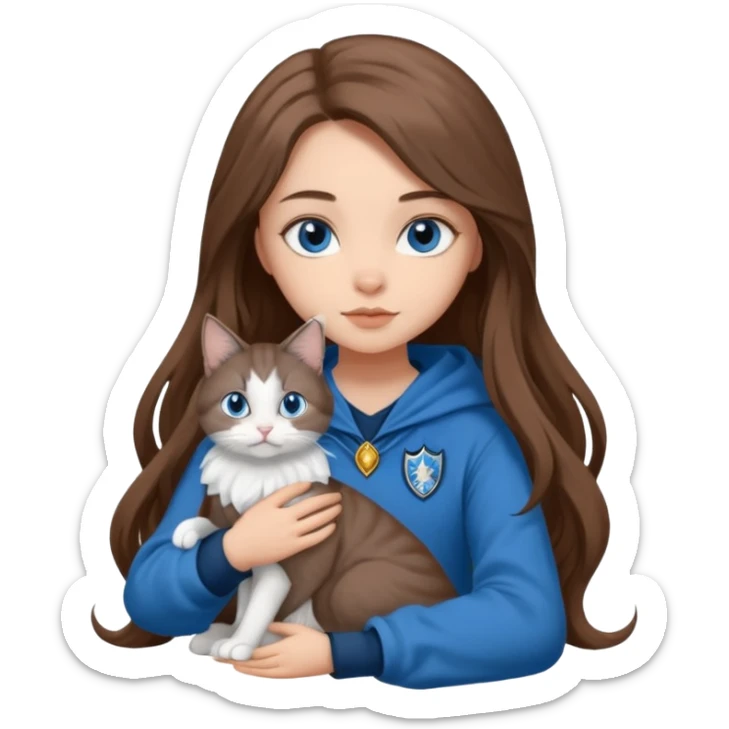 gorgeous Girl with light skin, blue eyes, long brown hair, wears a ravenclaw outfit, with a grey and white cat holding in her arms sticker