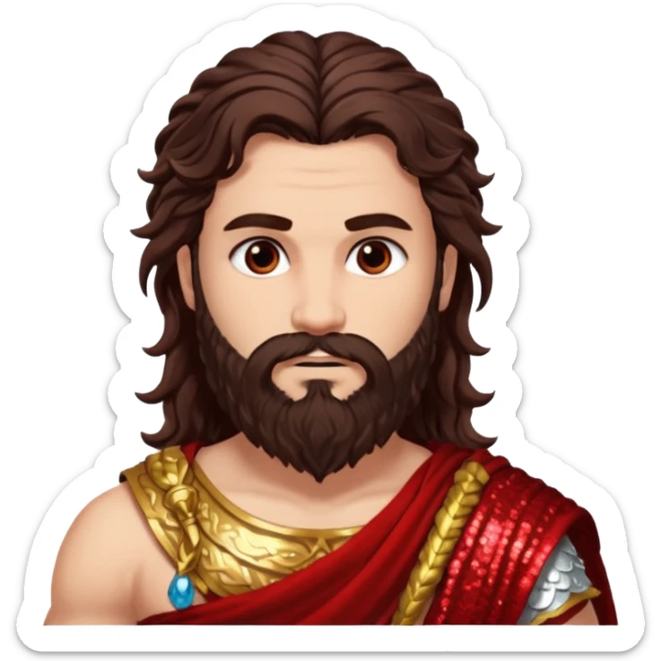 Mars, God of War from Roman Deities with long dark brown wavy hair and beard, deep red sequin toga sticker