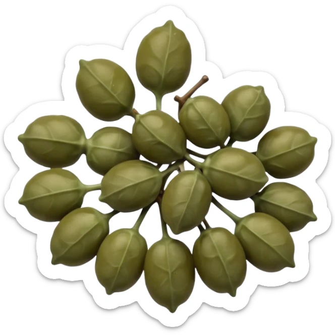 cluster of capers, olive green and brownish hues, slightly wrinkled, some with tiny stems, matte to lightly glossy surface, brine-preserved look, no extras, soft lighting, emoji scale sticker