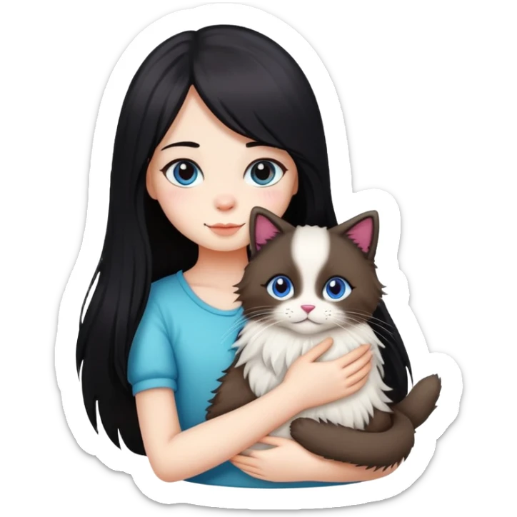 Girl with straight black long hair hugging a colorpoint ragdoll plush toy and a tricolor long-haired cat sticker