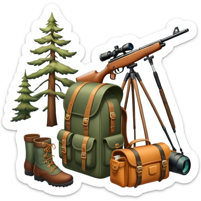 Icon for Hunting Tourism: a hunting rifle, binoculars, and animal tracks in the snow, with a forest background and a hunter’s backpack. The icon should represent the adventure and experience of hunting in nature. Transparent background. sticker