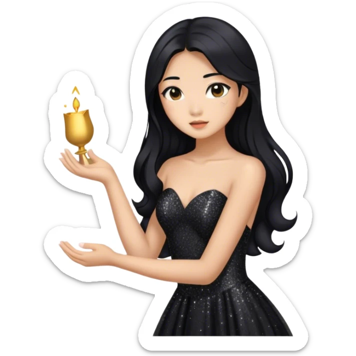 an asian girl with long hair and  black glittery prom dress sticker