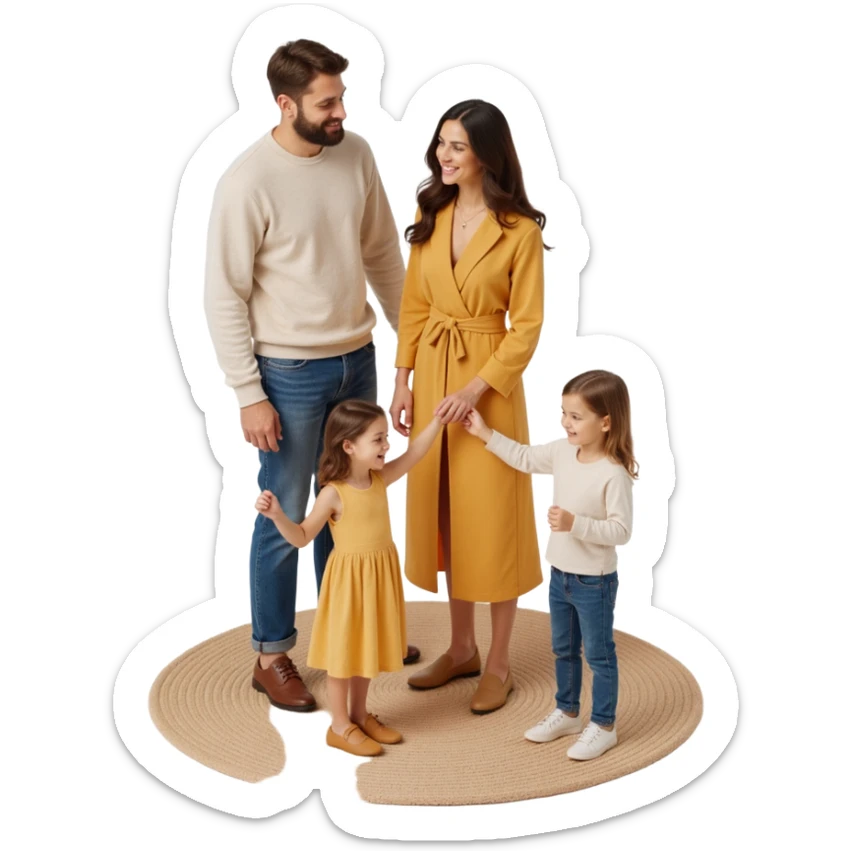 classic family photo with parents and two children standing together, realistic textures, soft lighting, skeuomorphism style sticker