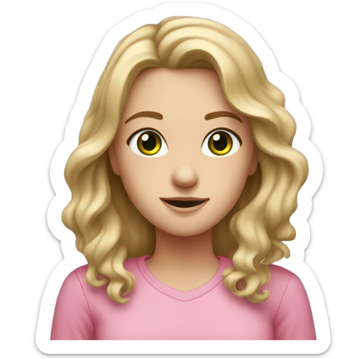 white girl with dirty blonde hair wavy, green eyes, freckles, with a pink shirt on sticker