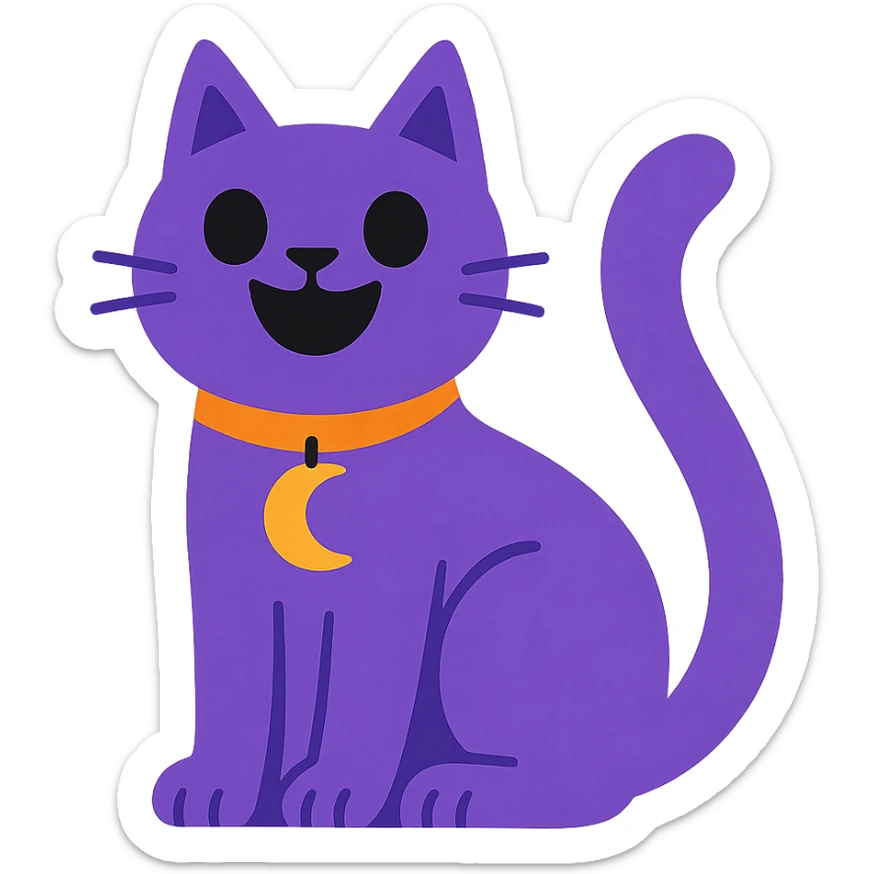purple cat with black eyes, wide open black smile with no teeth, gold moon pendant, whimsical illustration style sticker