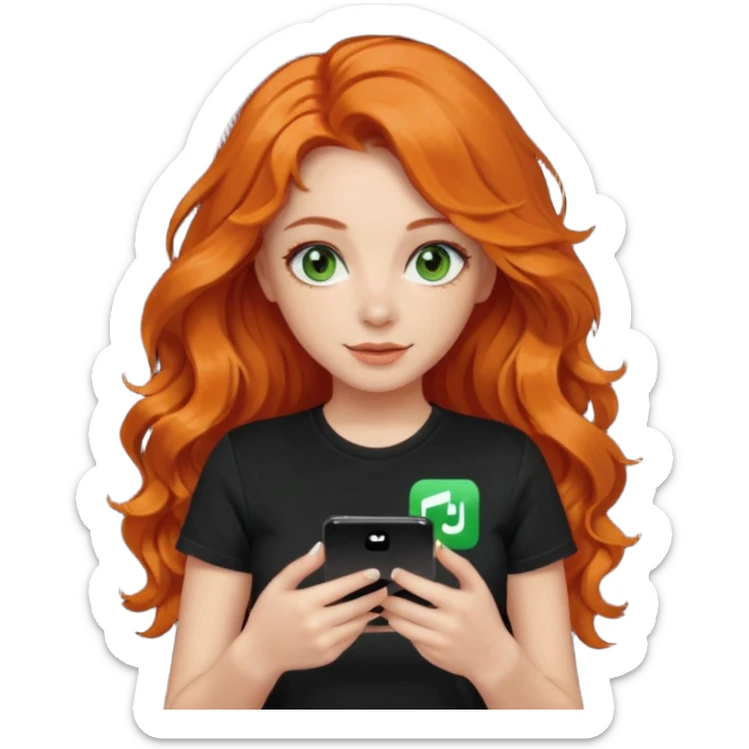 Girl with dark long orange wavy hair, green eyes, and black t-shirt and phone with tiktok app on hands sticker
