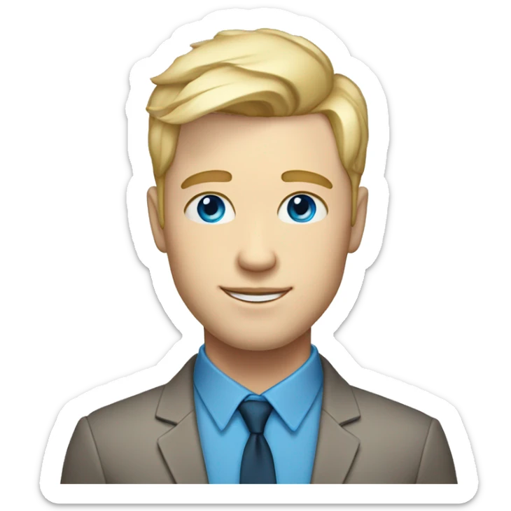 white man with clear skin with fringe up blonde hair style blue eyes and  sticker