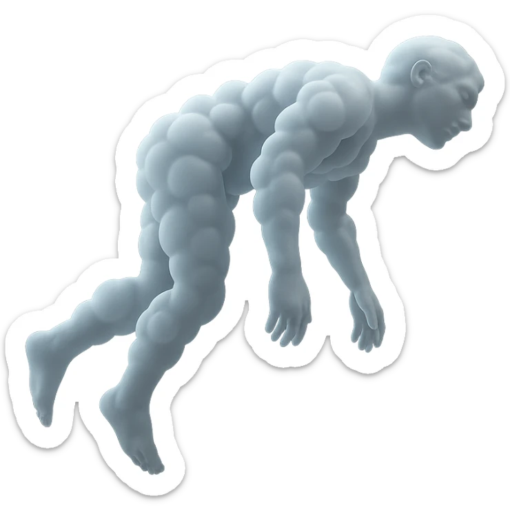side view of unconscious person flying upwards by torso, legs and arms downwards, made of small very bright white fluffy convex clouds, matte glass style sticker