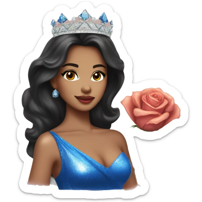 Beauty queen with peach skin, dark hair, wearing a “Miss Massachusetts” sash and wearing a crown and blue sparkly dress holding red roses sticker