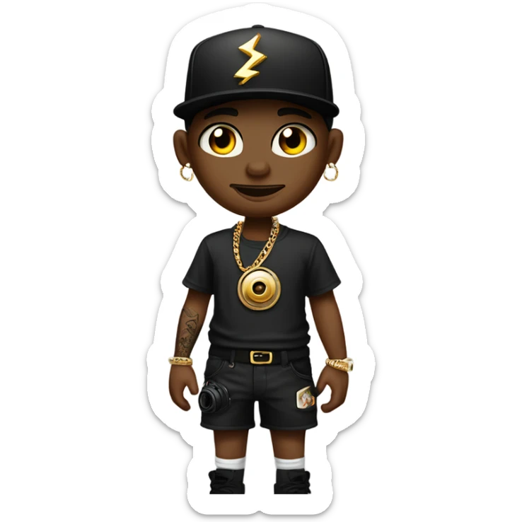 Generate a trendy photographer wearing black short shorts and a black baggy t shirt with a gold chain and a cream SnapBack on  full leg sleeve and arm sleeve tattoos, holding a camera with the flash going off, on a photo production set  sticker