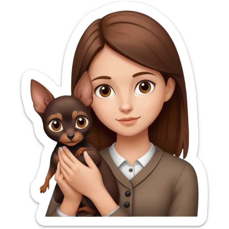 Brown haired girl holding a dog - the dog is a black and brown prague ratter  sticker