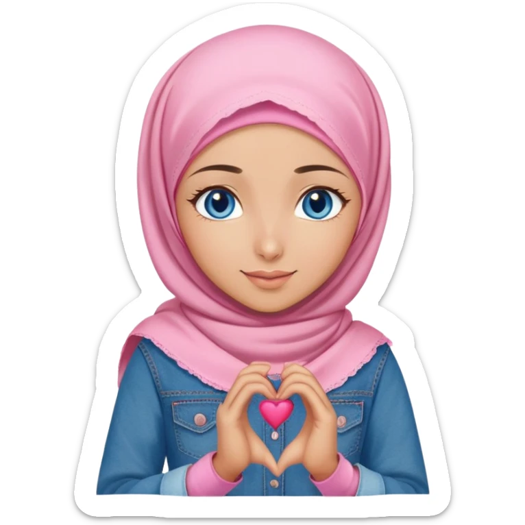 Turkish beautiful finish Konya girl blue eyes with denim and pink hijab islamic dress and making heart with hands and with thank you text sticker