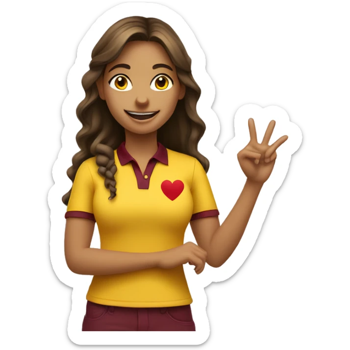 a mid length hair girl smiling and doing the heart sign wearing a yellow polo with maroon id lanyard  sticker