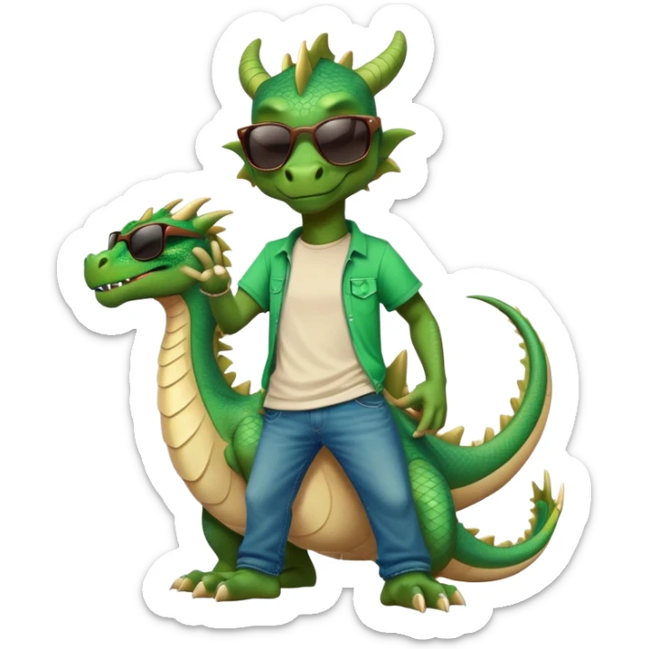 friendly anthropomorphised dragon in a hip-hop t-shirt and jeans with dark sunglasses, relaxed pose sticker