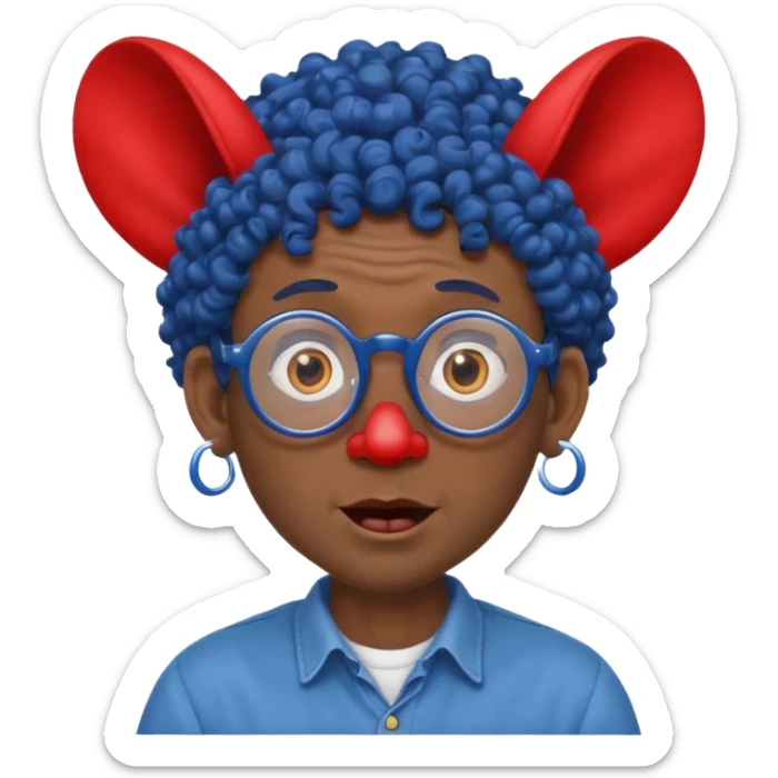 dark blue haired man curly hair with big ears and red earrings and spectacles surprised and hat wearing sticker