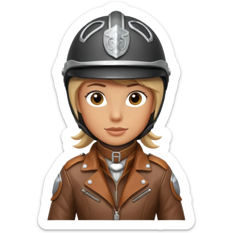 horse rider portrait, head and shoulders only, wearing riding helmet, leather jacket collar, confident expression, subtle horse tack strap visible, 3D cartoon, mobile game icon style, clean background, no text, no watermark
 sticker