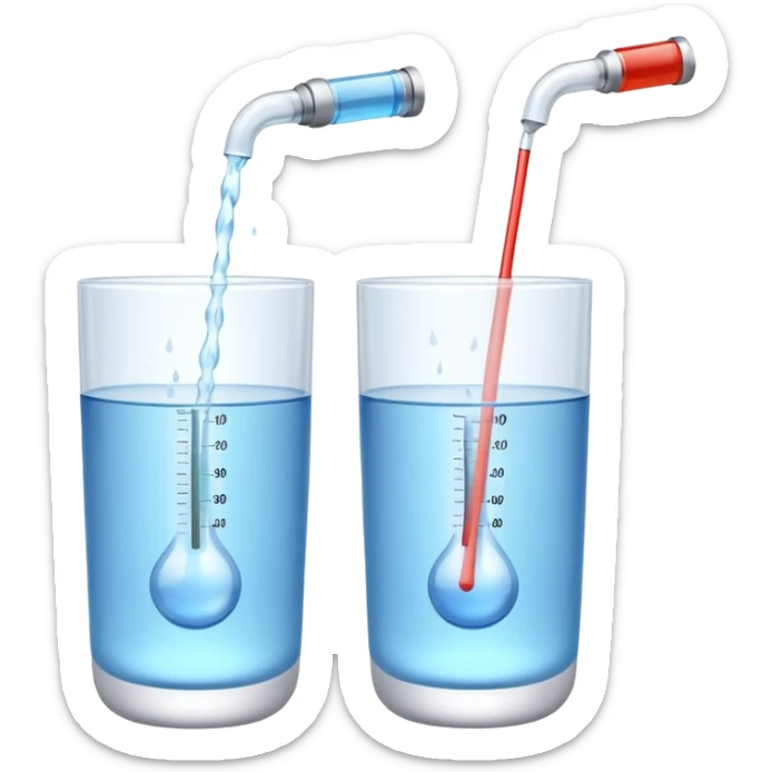 3D illustration of two glasses of water — one cold, one hot, with a thermometer inside each. Particles dissolving faster in hot water, slower in cold. Minimalist, clean, bright, modern 3D icon style. sticker