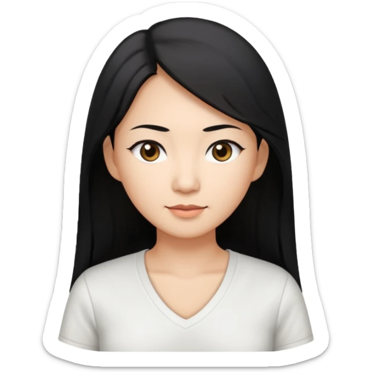 asian mom with long black hair and big brown eyes emoji in a white v neck shirt sticker