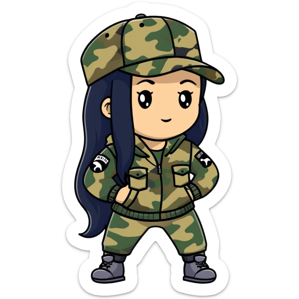 woman with long black hair in camouflage outfit wearing IC daddy cap sticker