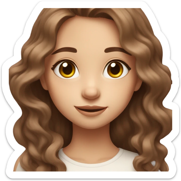 wavy brown hair, large expressive eyes, a gentle smile, and heart-shaped blush, giving her an ethereal, playful look. sticker