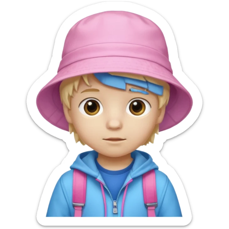 A little boy student white skin, blonde hair, with pink bucket hat, white jacket, blue backpack sticker