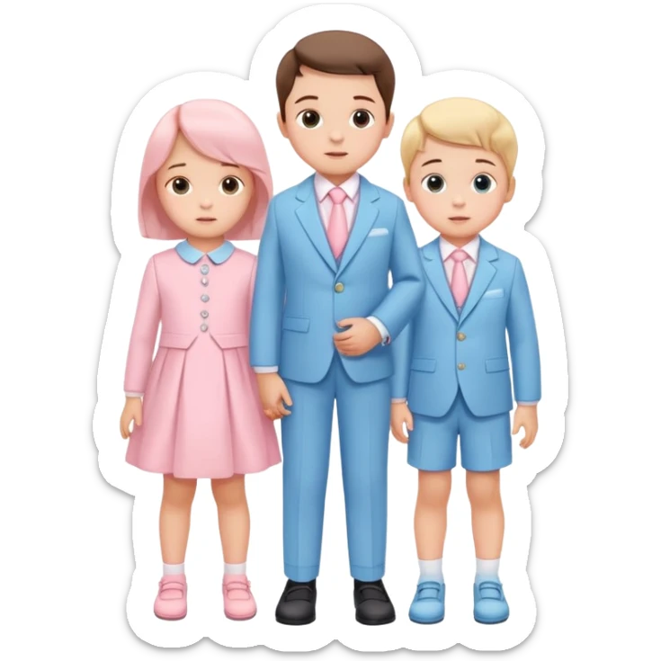 triplet toddlers with two girls in pastel pink clothes on each side and a boy in pastel blue suit in the middle sticker