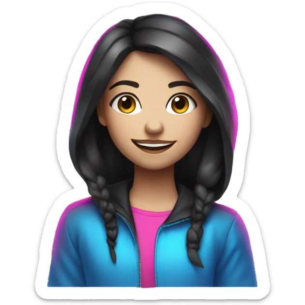 Girl, dark hair, neon pink blue, music, smile, emoji, cartoon, futuristic  sticker