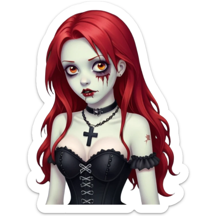 uma garota zumbi com o cabelo longo e vermelho vestindo um espartilho todo preto, com um colar de cruz sticker