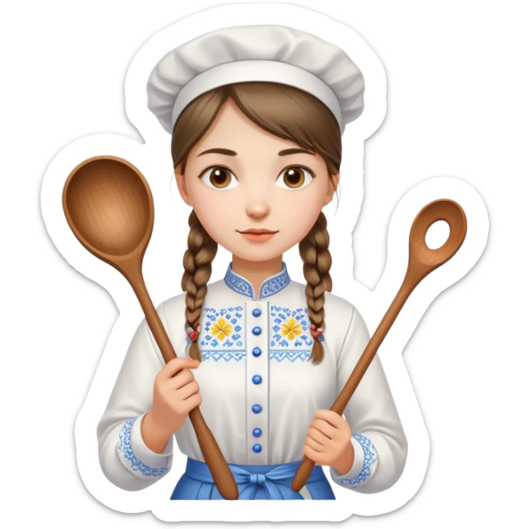 Ukrainian young girl in a white embroidered traditional shirt holding cooking tools like spoon and ladle sticker