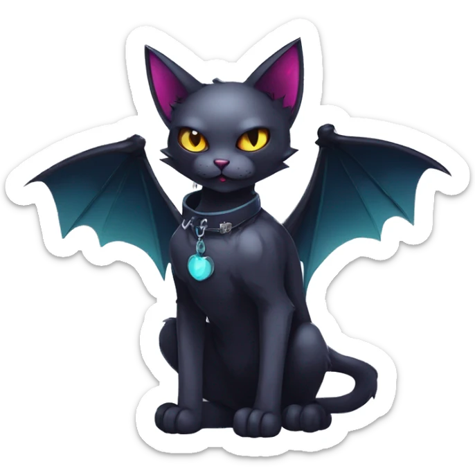  cool edgy kawaii ethereal dark-punk-themed animal vampiric cat-hybrid Fakemon with fangs and bat-wing-ears with a collar full body sticker