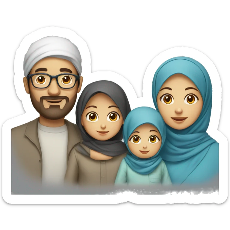 Draw a muslim family of 4 consisting of a father with glasses, a mother with a headscarf, a 3-year-old girl and a baby with blue clothes. sticker