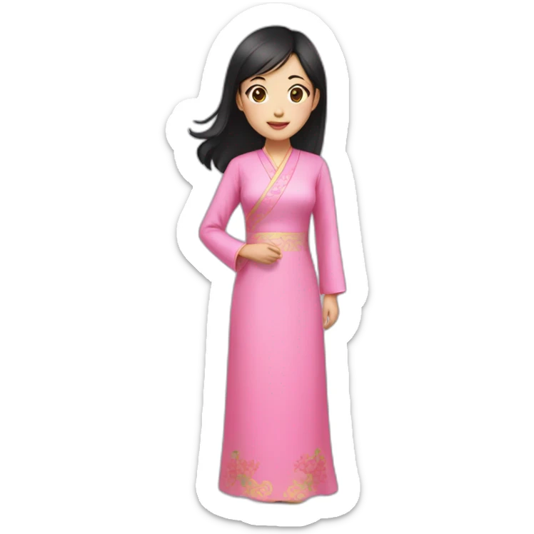asian girl with black hair wearing pink ao dai full body sticker
